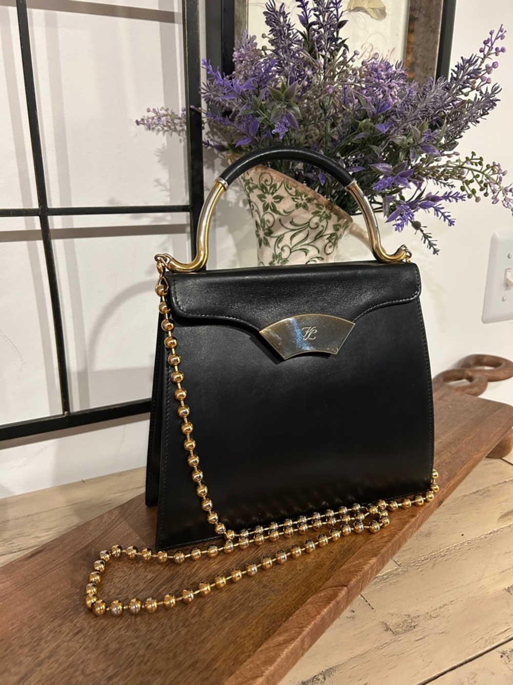 Karl Lagerfeld Black Leather Top-Handle Shoulder Bag with Gold Chain